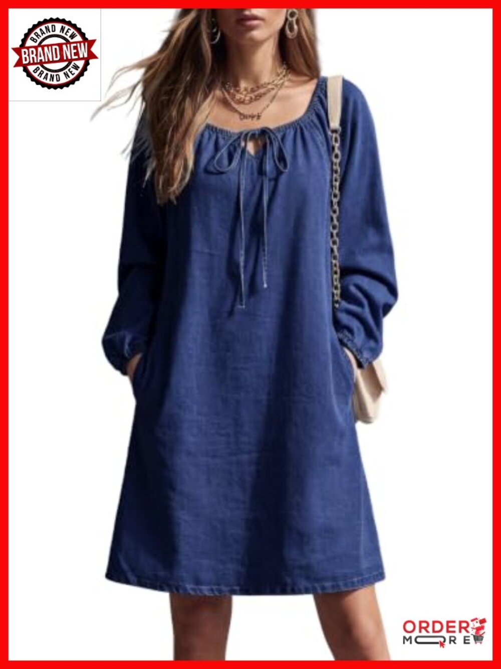 Women's Long Sleeve Drawstring Mini Denim Dress A-Line Pockets Casual